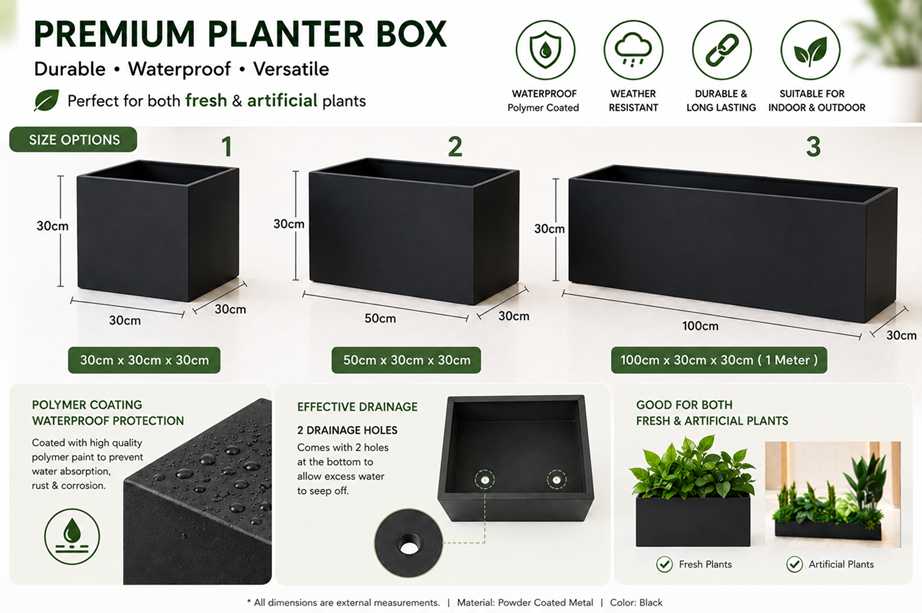 Heavy Duty Waterproof Planter Box | Modern Rectangular Flower Pot | Polymer Coated | Drainage Holes | Indoor & Outdoor