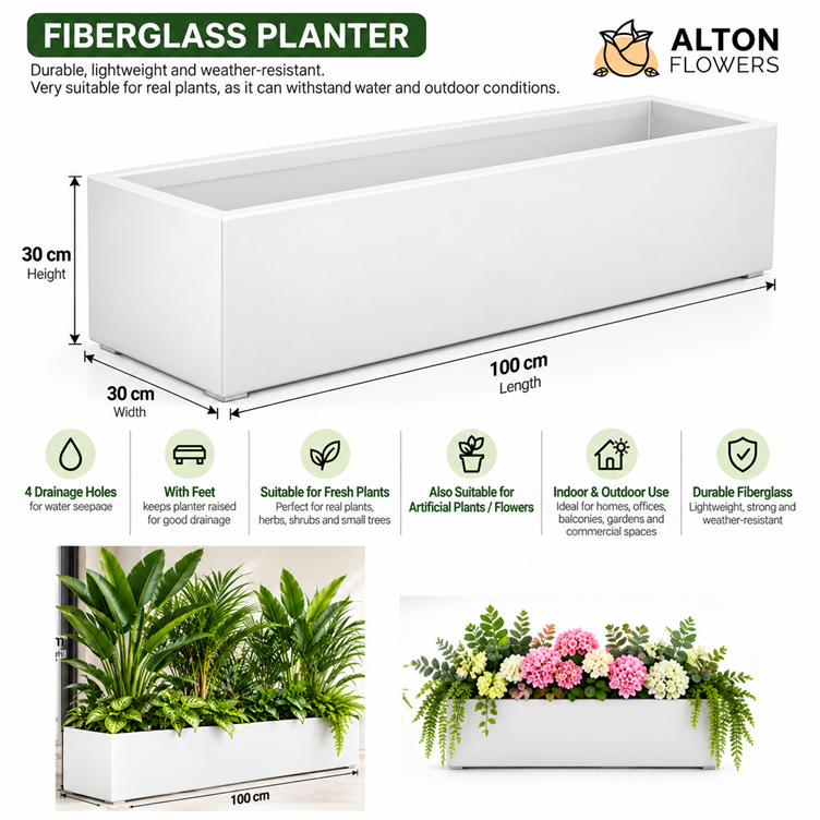 30cm Premium Fiberglass Rectangular Planter Box 100x30x30cm | Waterproof Outdoor & Indoor Flower Pot | Suitable for Live & Artificial Plants