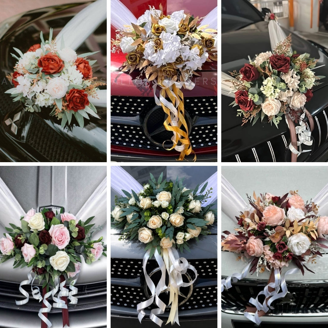 Alton Flowers Splendour wedding car bonnet bouquet with vibrant floral arrangements for a modern, elegant wedding decoration