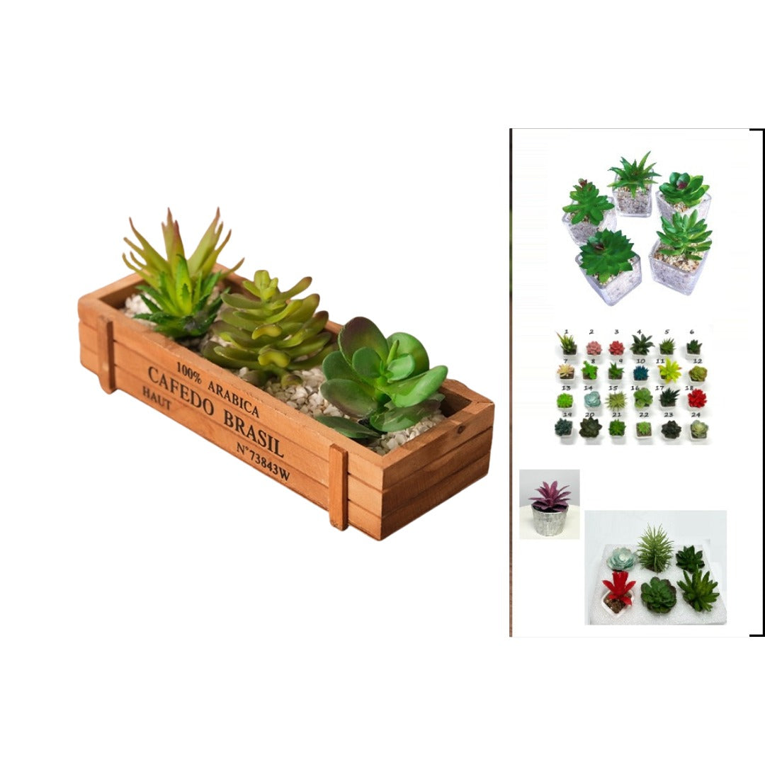 5cm Rustic Wooden Planter with ARTIFICIAL Succulents (3pcs) Aplant1261