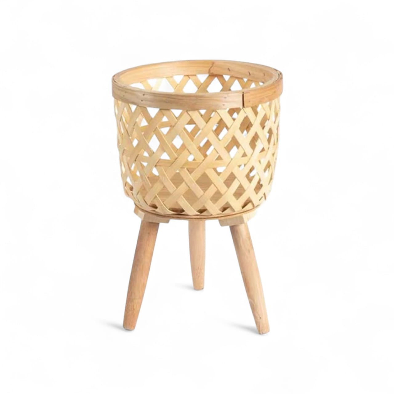 Small woven bamboo planter basket on three tapered wooden legs, suitable for indoor plant display or home decor.