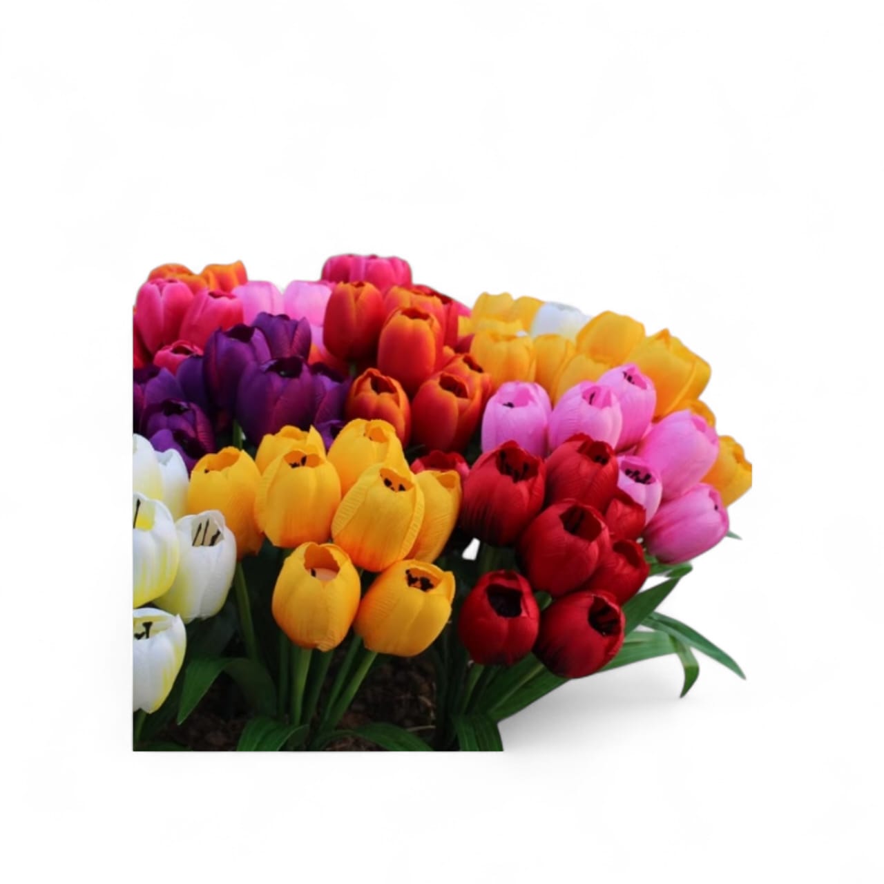 Mixed color artificial tulip bouquet with red, pink, yellow, purple, orange, and white flowers and green leaves.