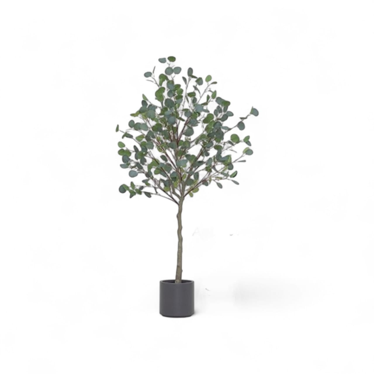 Potted artificial eucalyptus tree with round green leaves and a single brown trunk.