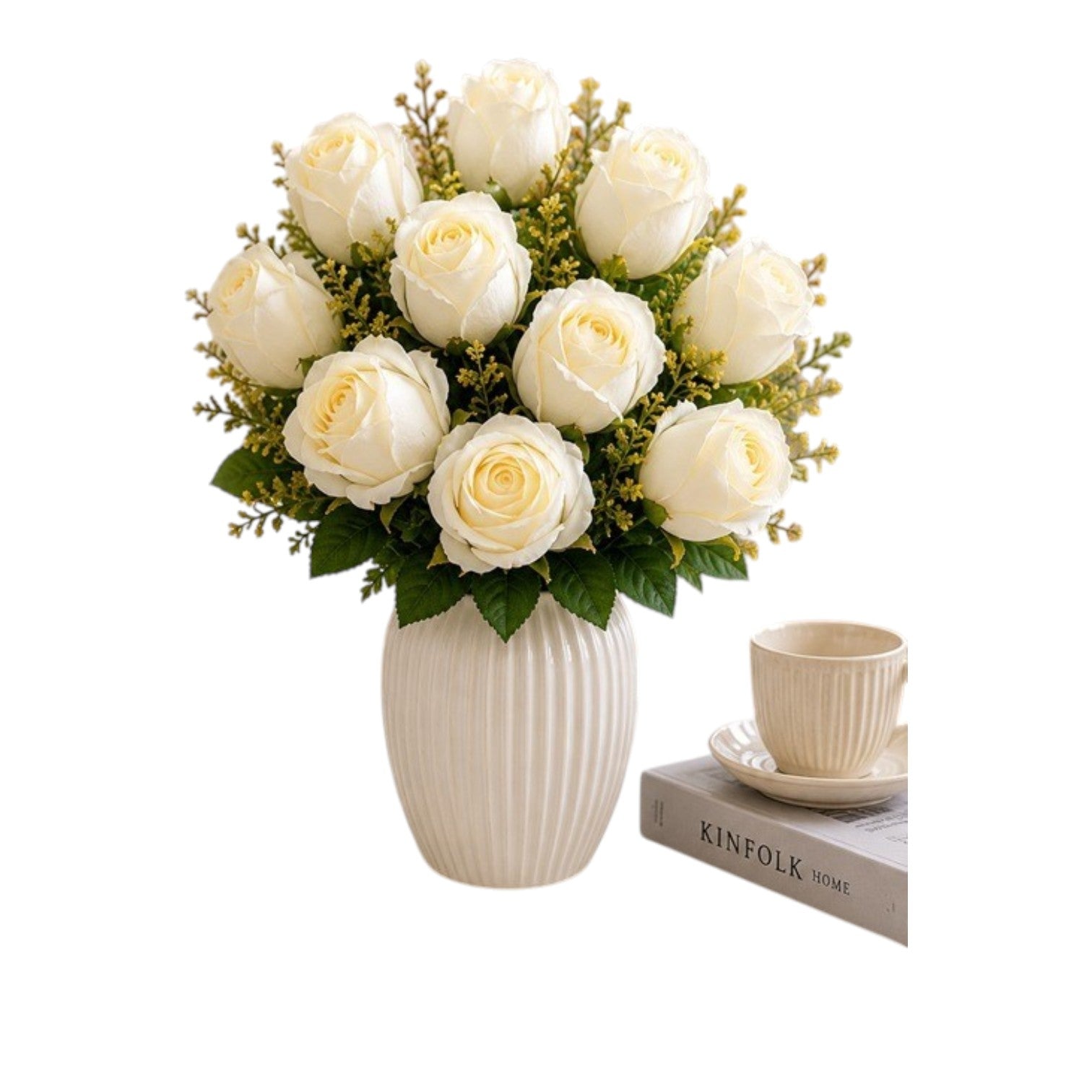 Artificial flower rose buds bush with 11 polyester heads, realistic-looking floral decoration by Alton Flowers.