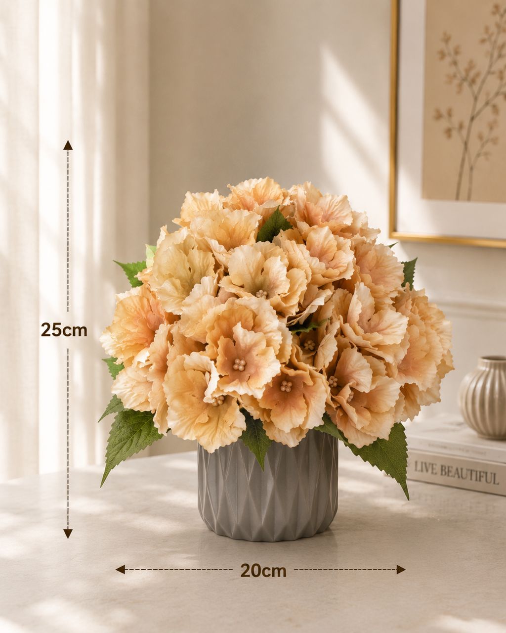 Artificial Hydrangea flower in a pot, vibrant blue blooms, realistic Alton Flowers faux floral plant for home decor.