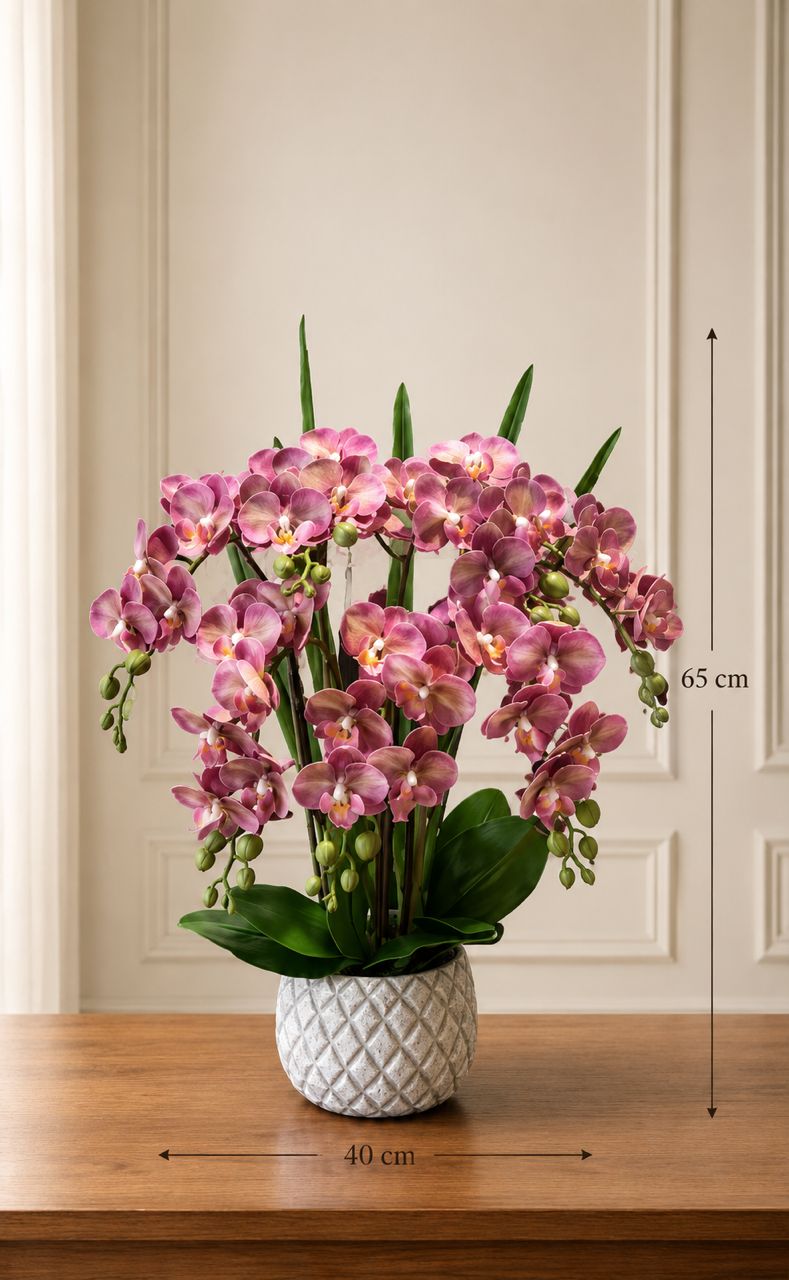 Artificial flower orchids arrangement with seven rubber orchids, crafted by Alton Flowers, displayed in a natural, decorative layout.