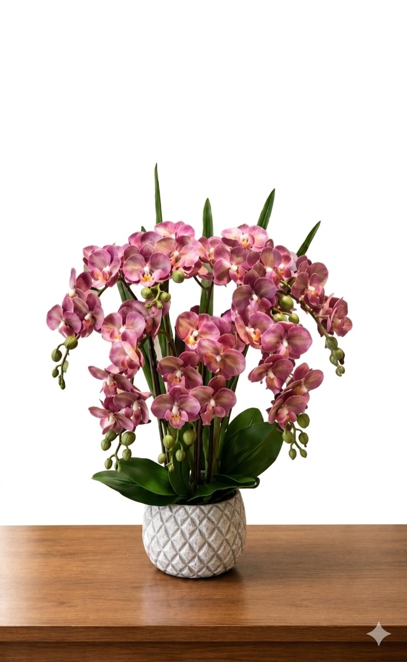 Artificial flower orchids arrangement with seven rubber orchids in a natural-looking display by Alton Flowers.