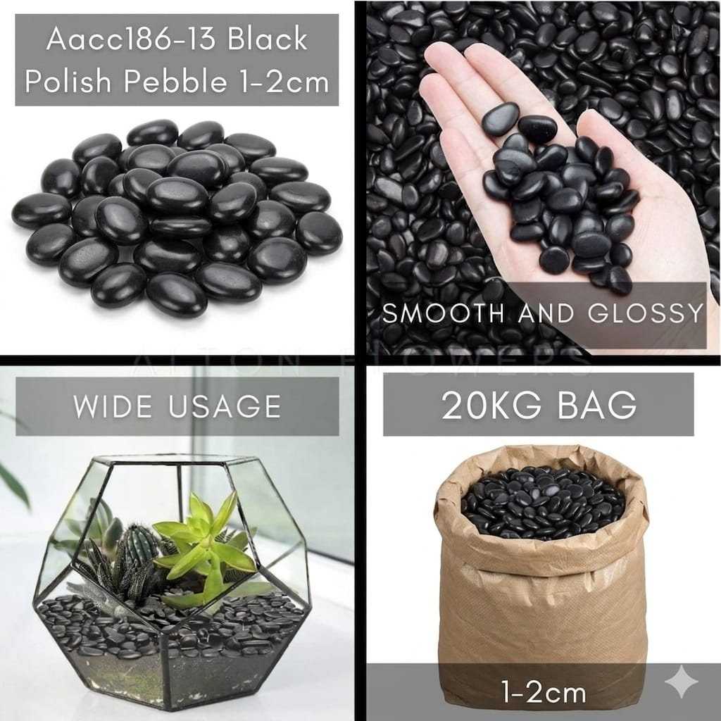 Alton Flowers decorative pebbles for garden arrangements, home décor, and plant soil, showcasing smooth, rounded stones.
