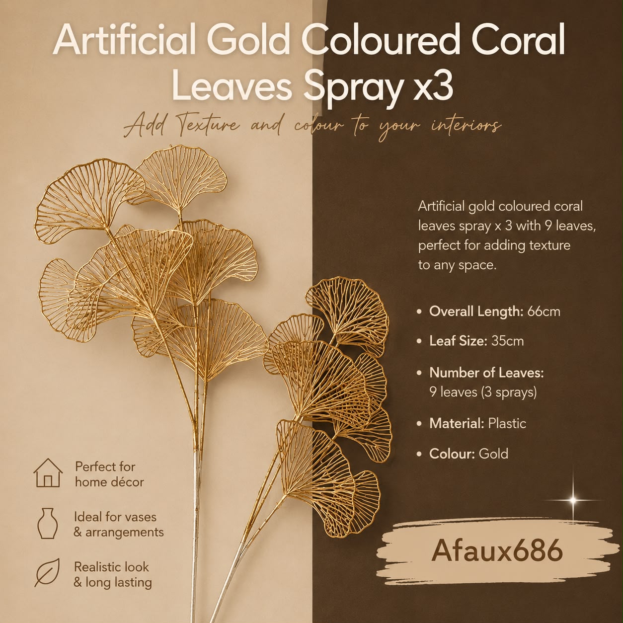Gold spray of coral leaves by Alton Flowers, featuring realistic plant decor for home or event decoration.