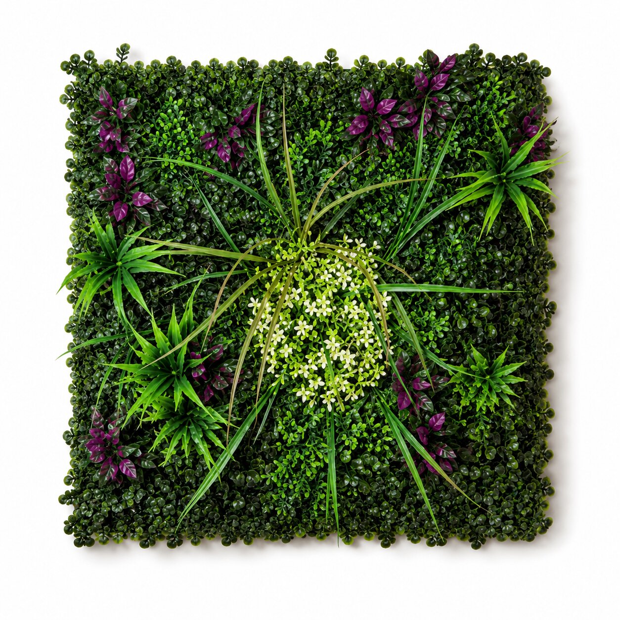 Purple leaf and long grass artificial plant wall panel by Alton Flowers, 50x50cm mixed foliage decor for indoor or outdoor use.