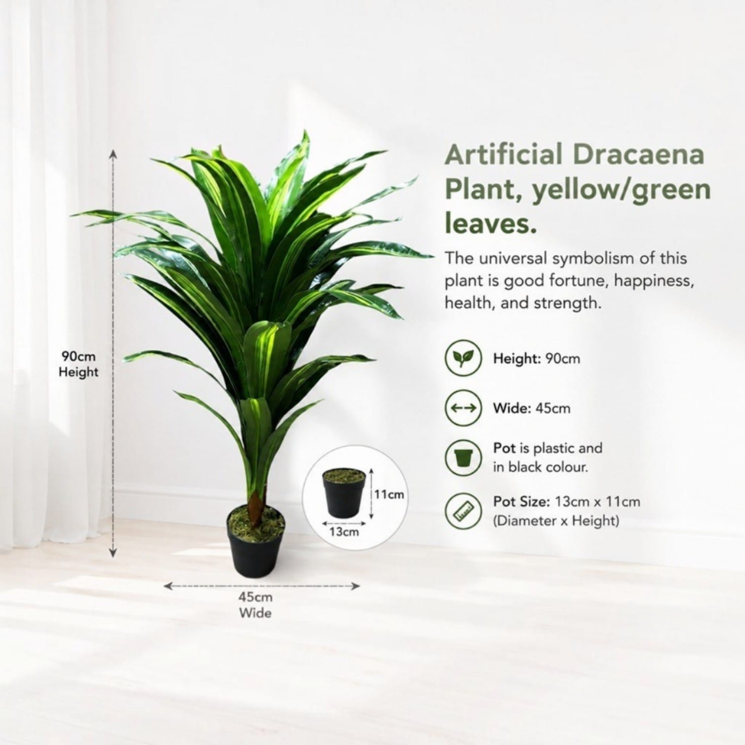 Artificial 90cm Dracaena plant for home and garden décor, realistic green foliage, from Alton Flowers N Gifts.