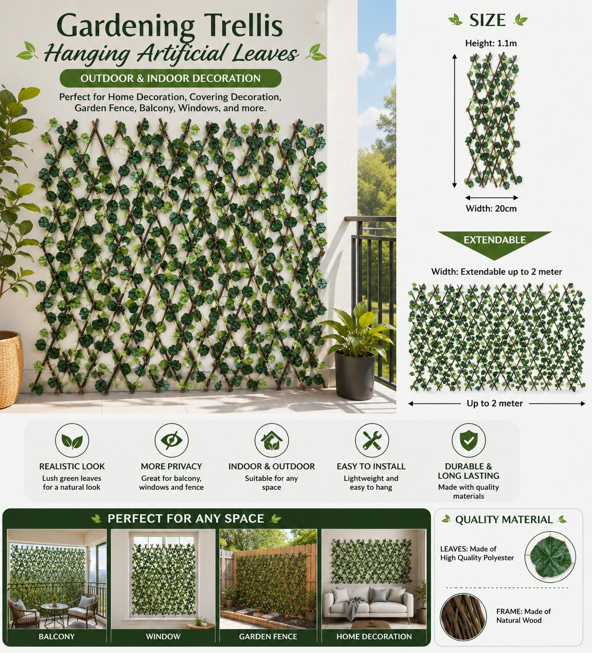 Expandable artificial foliage willow wood trellis by Alton Flowers, showing extendable faux fence panel with lush green leaves and wooden frame.