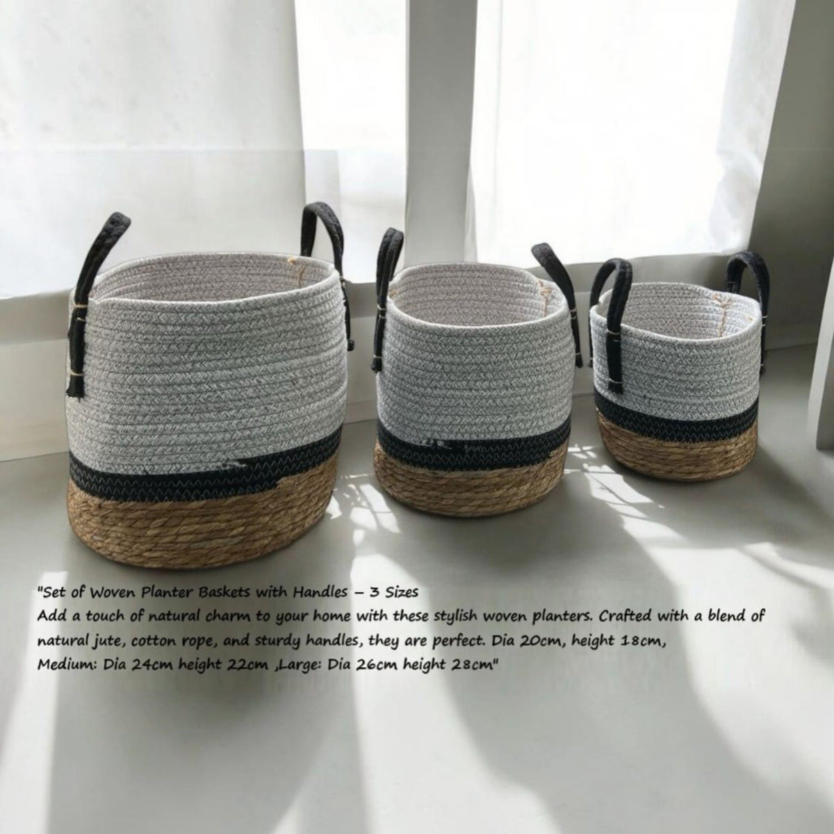 Boho woven cotton rope and seagrass plant basket with handles, handmade by Alton Flowers, ideal for indoor or outdoor plants.