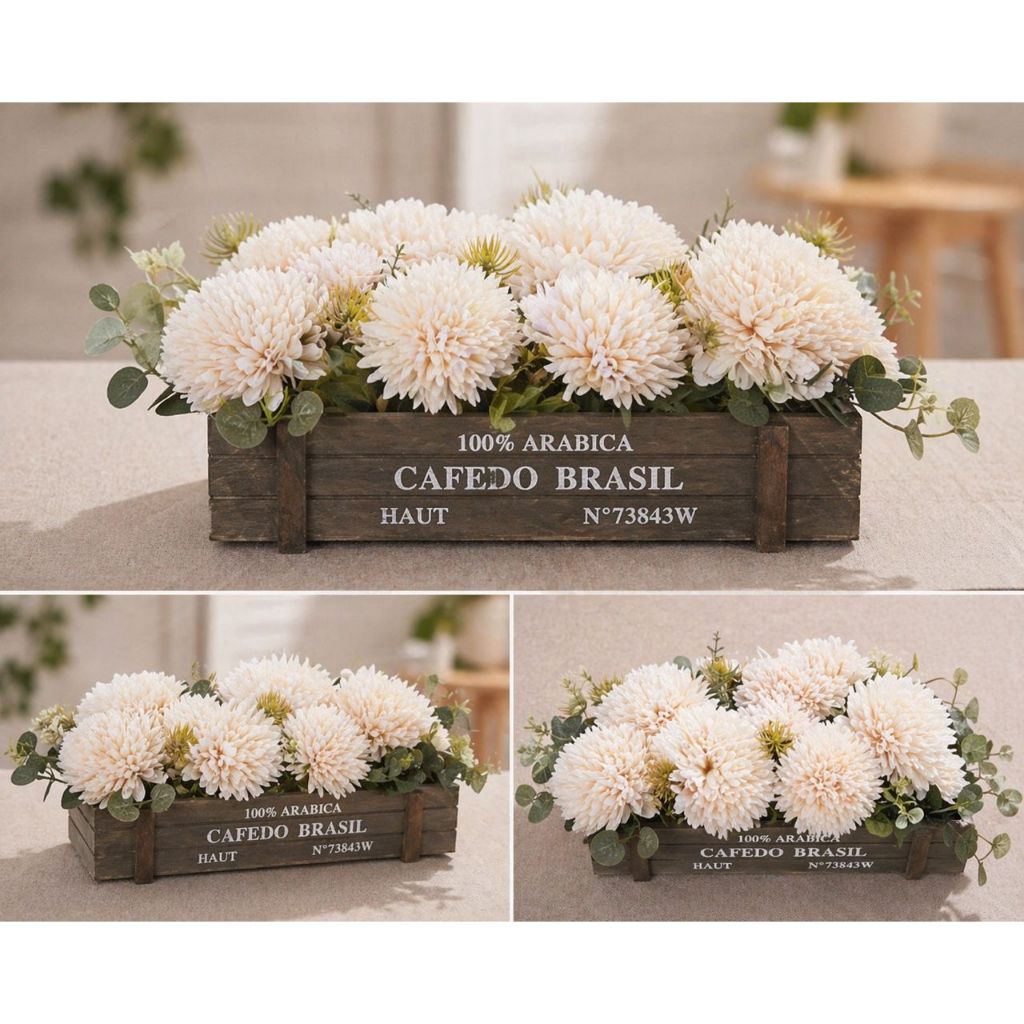 Elegant Artificial Flower Arrangement Placed in a Rustic Wooden Box