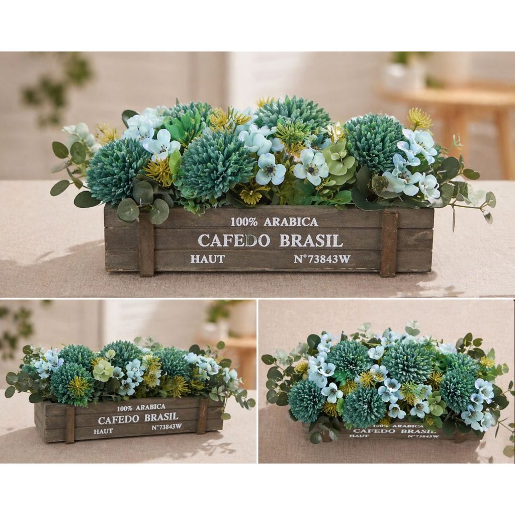 Elegant Artificial Flower Arrangement Placed in a Rustic Wooden Box